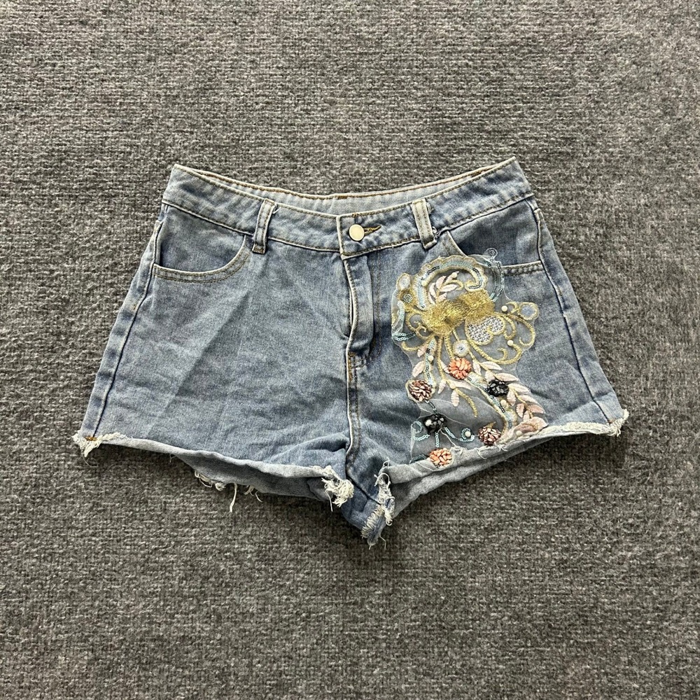 Unbranded Denim Shorts Womens Size L Blue Floral Lace Sequin Applique Frayed Hem